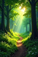 A winding, sun-dappled path meanders through a lush green forest, leading towards a bright, unseen destination The air is still and peaceful, promising carefree adventure , plants, tranquil