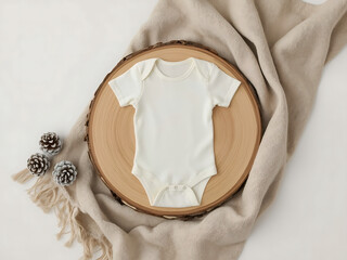 Baby bodysuit mockup, pregnancy announcement background,  baby onesie flat-lay with pinecones.