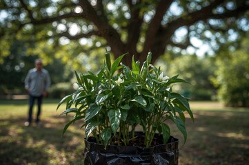 Tiny chili seedling in a dark plastic container surrounded by green leaves and sunlight