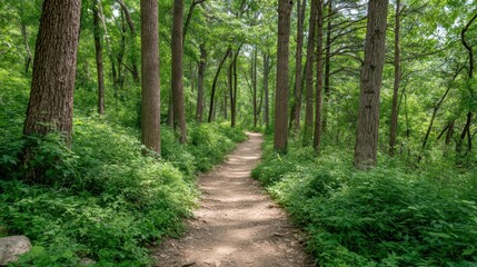 Fototapeta premium Peaceful Nature Trail Surrounded by Lush Green Trees and Vibrant Foliage in a Serene Forest Setting Perfect for Hiking or Relaxation