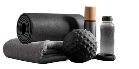 A complete set of black and grey fitness and recovery tools is displayed as a transparent PNG.