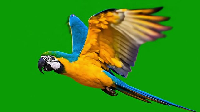Blue-and-Yellow Macaw Flying on Green Screen &ndash; Tropical Bird Animation for Compositing