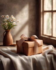 Kraft gift box with fabric ribbon placed on linen cloth near window with flowers in vase.