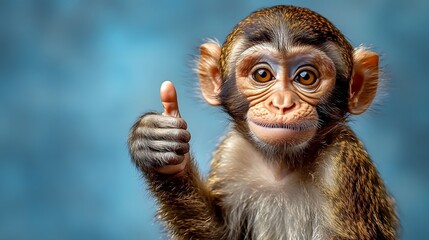 Monkey giving a thumbs up in a playful manner against a soft blue backdrop