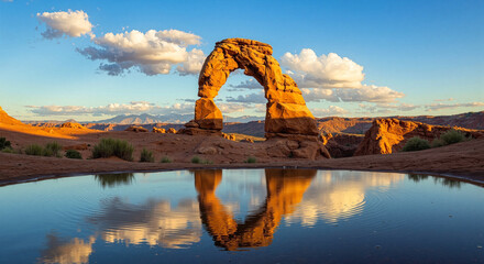Fototapeta premium Natural rock arch reflected in desert pool