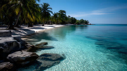 Obraz premium A stunning tropical beach with clear blue waters andpalm trees along the shore a perfect vacation spot.