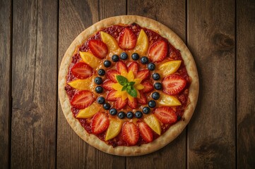 Close-up overhead shot of a vibrant fruit pizza on a wooden surface, healthy party food concept