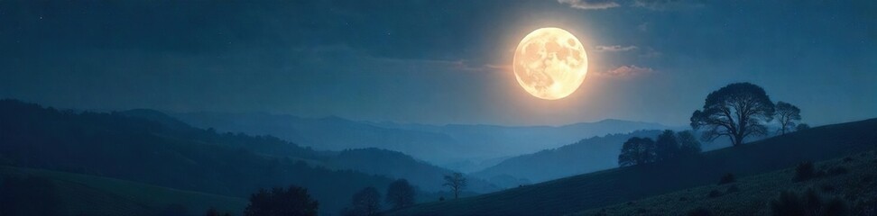 Mystical full moon glowing over a serene landscape, casting an ethereal light on rolling hills and distant trees Perfect for astrology, spirituality, and nature themes , sky, dark
