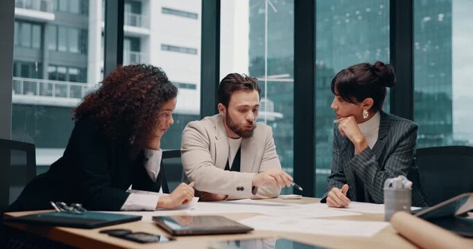 Meeting, talk and people with documents, boardroom and planning for property development or project. Business, real estate developer and paperwork for market research, group and funding potential