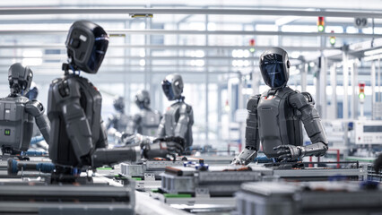 3D Render: Industrial Automation AI Accelerated: Autonomous AI Powered Humanoid Robot Work at Factory on Assembly Line. Human Like Robot Working on Complex Detail in Industrial Environment.