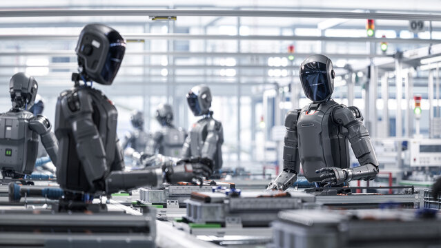 3D Render: Industrial Automation AI Accelerated: Autonomous AI Powered Humanoid Robot Work at Factory on Assembly Line. Human Like Robot Working on Complex Detail in Industrial Environment.
