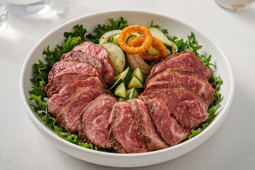 Fototapeta premium Chilled roast beef slices paired with zucchini and onion rings atop a bed of arugula in an elegant bowl