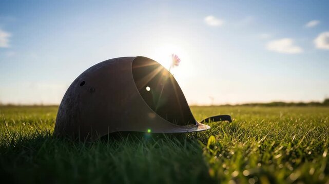 Vintage helmet on grass with flower at sunset. War peace concept, outdoor meadow landscape with nature and sun. - Powered by Adobe