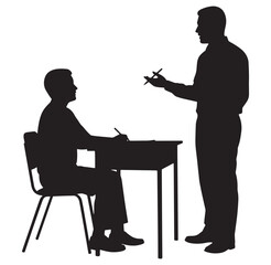 Teacher explaining a lesson to student at a desk silhouette in a classroom setting