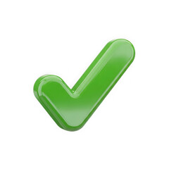 Glossy green check mark symbol on a black background correct success isolated on a transparent background