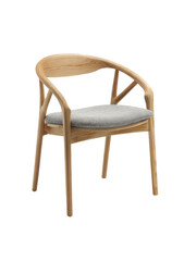 Light-colored wooden chair with a light gray seat cushion.  Rounded, curved arms and legs.  Simple, modern design