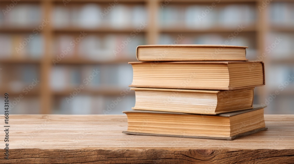 Poster a stack of vintage books resting on a wooden table with a blurred bookshelf in the background, creat