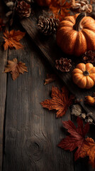 Fototapeta premium autumn tray with pumpkins, pinecones, and colorful leaves on dark wooden surface
