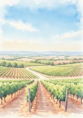 Naklejka premium Watercolor vineyard illustration rows of grapevines under a blue sky with soft, hazy hills in the distance