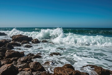 Ocean Waves Crashing Over Rocky Shoreline with Foam
