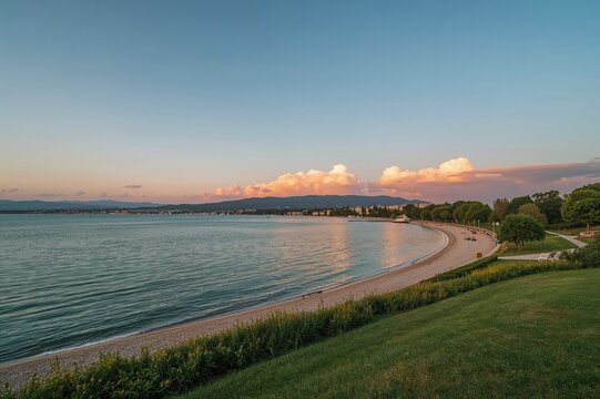 Sunset view at a waterfront park in a coastal town