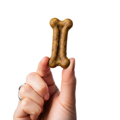 Hand Holding Brown Bone Treat for Pet Nutrition on Transparent Background