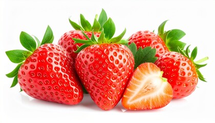 Juicy red strawberry with green leafy top fresh seeds shiny texture sweet fruit and organic healthy food isolated on white background
