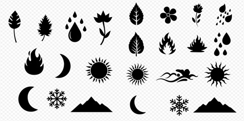Collection of nature icons: leaves, raindrops, flowers, fire, moon, sun, waves, snowflakes, and mountains in black silhouette.