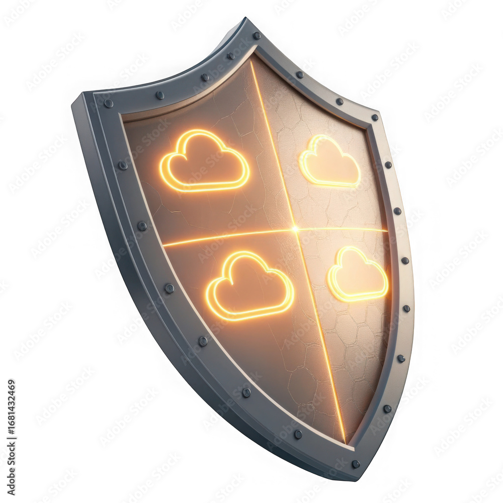 Aufkleber glowing cloud icons inside a metallic medieval shield representing cloud security and protection iso