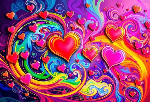 Naklejki Vibrant rainbow hearts & swirls, abstract romantic design, love pattern, colorful
