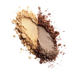 Two eyeshadow powders, light beige and dark brown, in a dynamic, dispersed pattern on a black background.  The textures are powdery and loose