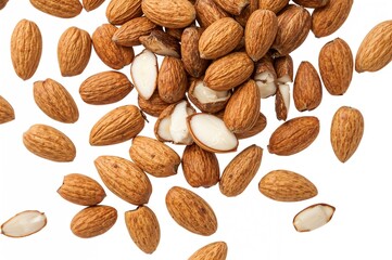 Various types of almonds displayed on a white backdrop with clipping path included.