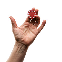 Hand Holding Red Poker Chip Against Transparent Background Games of Chance