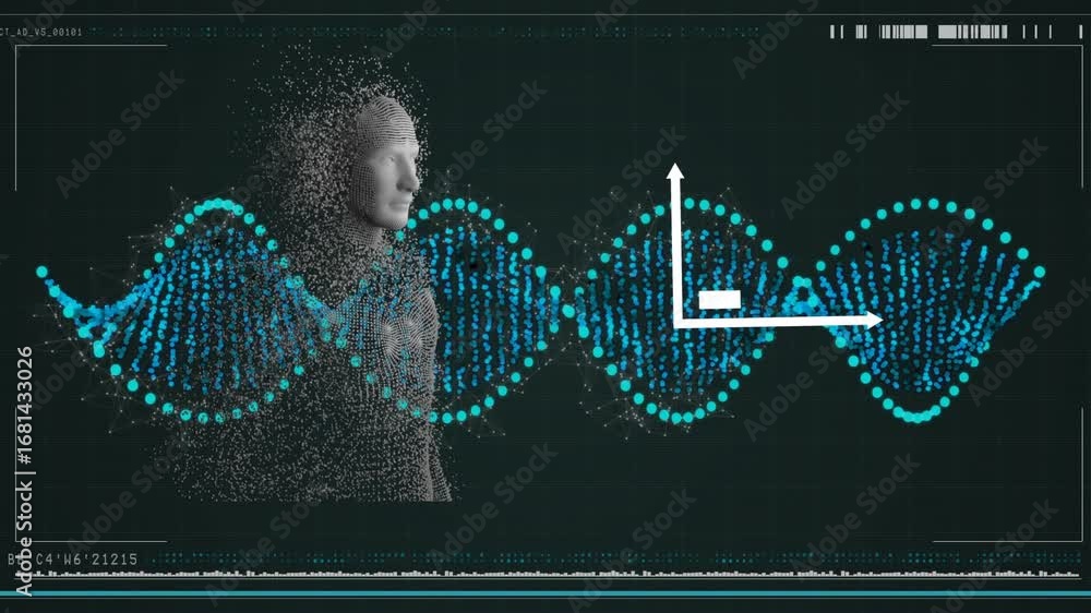 Poster animation of dna strand and data processing with human body formed with exploding particles