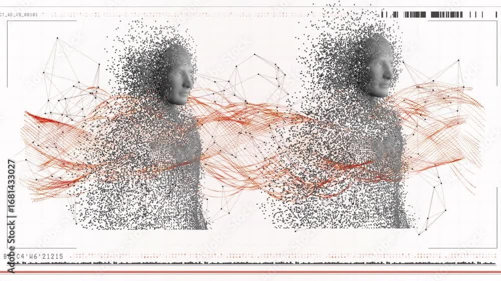 Poster animation of dna strand and data processing with human bodies formed with exploding particles