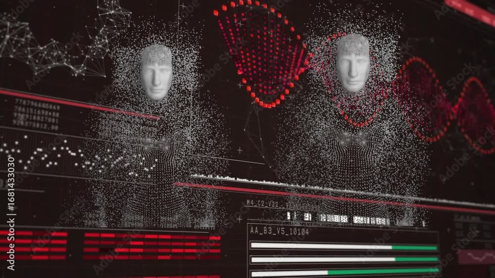 Poster animation of dna strand and data processing with human bodies formed with exploding particles