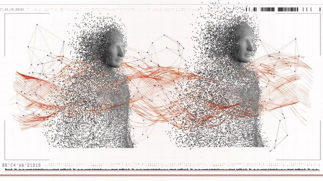 Animation of dna strand and data processing with human bodies formed with exploding particles - Powered by Adobe