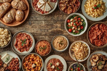 Fototapeta premium Assortment of traditional Italian dishes displayed on the table