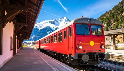 Fototapeta premium Red train at mountain station