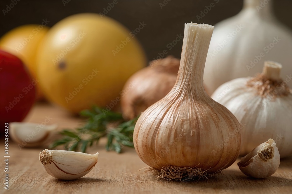 Poster close-up of the top part of a shallot on the right with garlic positioned on either side