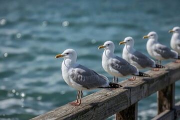 Seagulls showing a fish-like attitude while perched by the shore