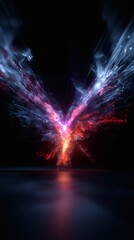 Abstract phoenix formed from light and particles on a dark backdrop