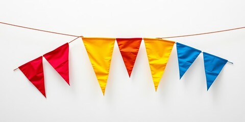 Obraz premium Earthy-toned triangular pennant banners in red, yellow, and blue hang against a white textured backdrop, banner, triangle