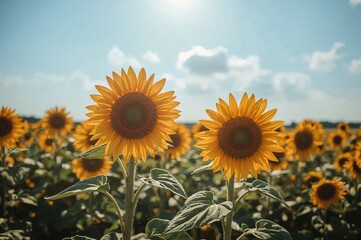 Obraz premium Field of sunflowers with selective soft focus and light flare effect