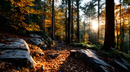 Obraz premium A tranquil autumn forest with golden leaves illuminaed by warm sunlight in themountains.