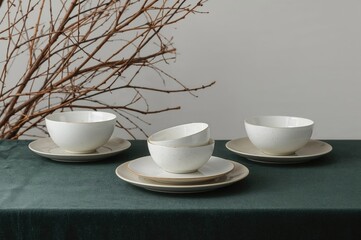 Fototapeta premium Collection of blank white ceramic bowls and plates with speckles arranged on a dark green fabric beside dry twigs