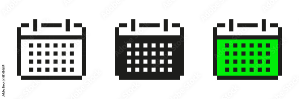 Poster pixel art calendar icon set. scheduling and time management symbol collection. includes black and gr