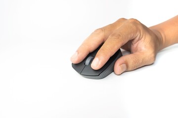 Hand operating a computer mouse isolated on white background