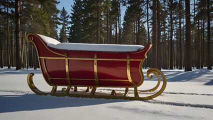 Santa Claus's empty red and gold sleigh parked in a snowy pine forest on a sunny winter day before Christmas. Magical holiday concept