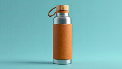 A stainless steel water bottle with a tan leather wrap and wooden cap